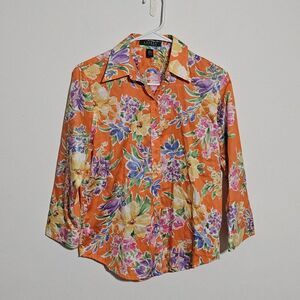 LAUREN RALPH LAUREN Button Front Blouse Sz XS Hawaiian Tropical Floral Shirt Top